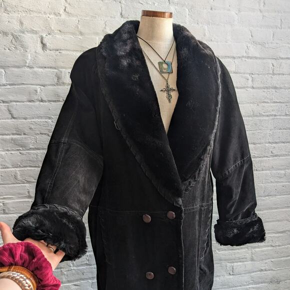 Vintage Jackets & Blazers - Vintage Black Suede Leather Trench Coat Fur Trim Leather Winter Jacket Large
